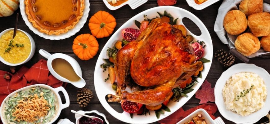 Traditional,Thanksgiving,Turkey,Dinner.,Top,View,Table,Scene,On,A